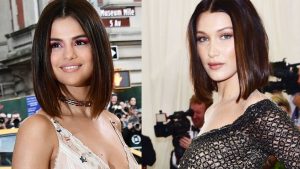 collage of selena gomez and bella hadid