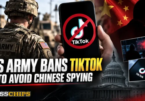 A graphic showing the US Army logo on the left and the TikTok app icon on a smartphone screen on the right, separated by a sharp diagonal line to illustrate the news of the military ban.