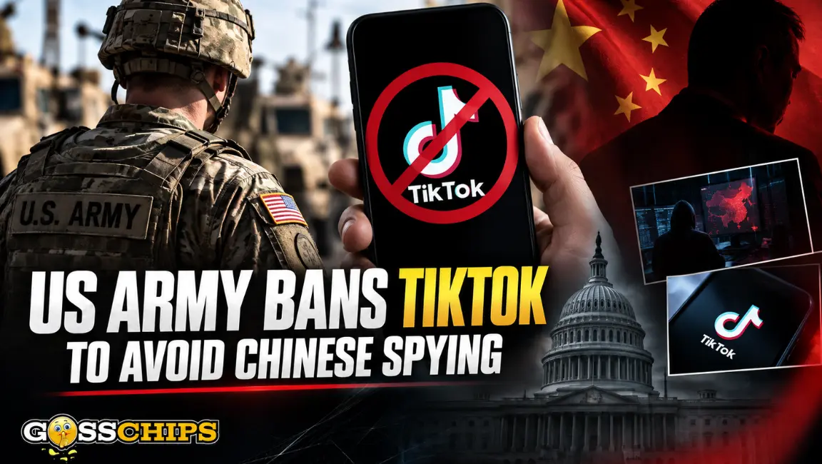 A graphic showing the US Army logo on the left and the TikTok app icon on a smartphone screen on the right, separated by a sharp diagonal line to illustrate the news of the military ban.