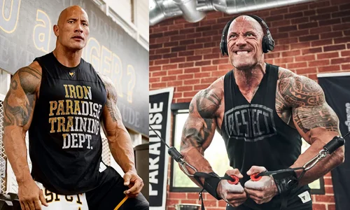  A side-by-side split image of Dwayne "The Rock" Johnson working out. On the left, he stands wearing a black "Iron Paradise Training Dept."