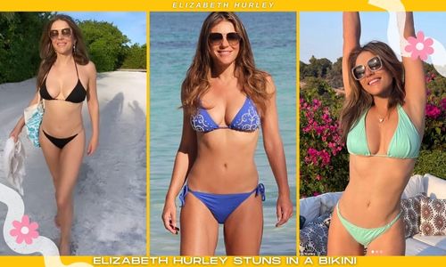 Elizabeth Hurley wearing a bikini in natural light, photographed with minimal makeup and confident posture.