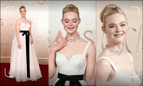 Elle Fanning looking ethereal in a flowing Givenchy gown on the red carpet at the 2025 Oscars.