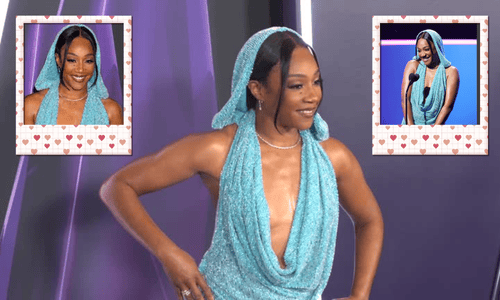 Tiffany Haddish wearing beaded heels and a glamorous gown on the red carpet at the 2025 American Music Awards