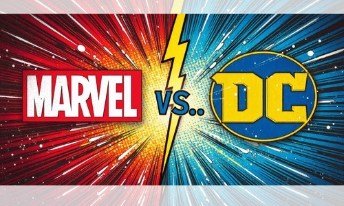 Comic-style Marvel vs. DC face-off with a bold lightning bolt in between, showing the rivalry between the two superhero giants.