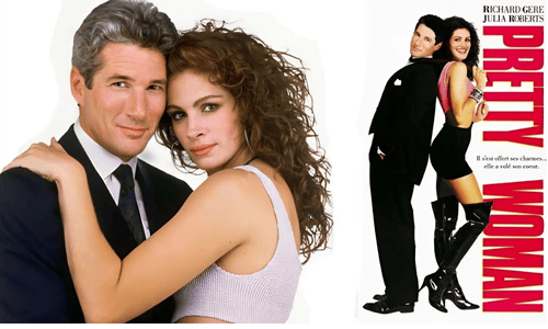 Richard Gere and Julia Roberts in two "Pretty Woman" movie posters. One close-up, the other with Julia in thigh-high boots.