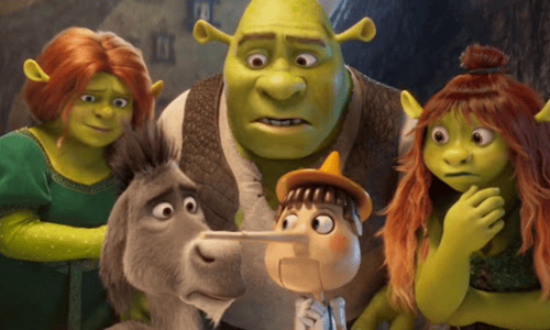 Shrek, Fiona, Donkey, and new characters in a scene from the upcoming Shrek 5 movie releasing in 2027.