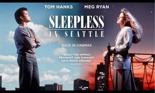 Tom Hanks & Meg Ryan on "Sleepless in Seattle" poster, separated by a city skyline at dusk.