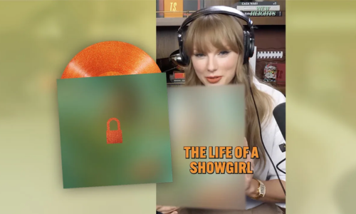 Taylor Swift's Life of a showgirl screenshot, wearing headphones and a white shirt, holding a vinyl record.
