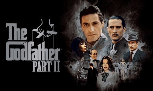 Poster for The Godfather Part II featuring main characters including Michael Corleone, Fredo Corleone.