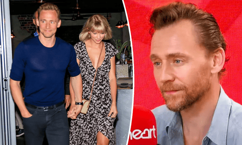 Tom Hiddleston and Taylor Swift spotted holding hands, paired with his close-up interview shot holding a red iHeartRadio mic.