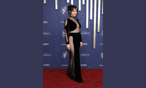 Fiona Dourif in black sheer Tom Ford dress at Emmys 2025
