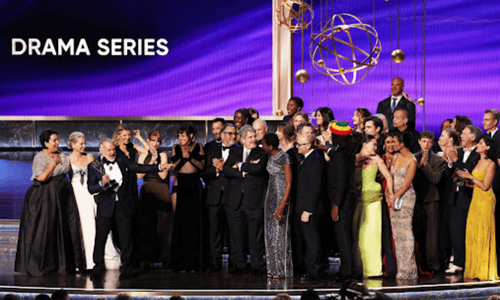 The Pitt cast celebrates winning Best Drama Series at the Emmy Awards 2025.