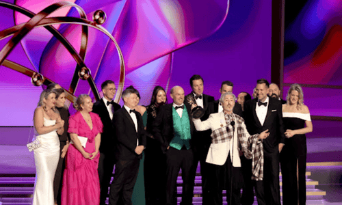The Traitors cast celebrates winning Best Reality Competition Series at the Emmy Awards 2025.