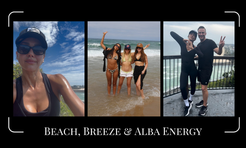 Jessica Alba beach vibes with ocean waves, warm sunlight, and carefree summer energy.