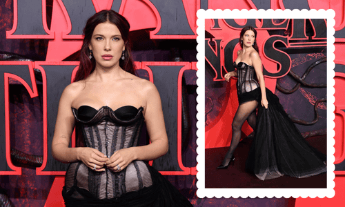 Millie Bobby Brown posing in a diamond-studded gown at the Stranger Things 5 premiere red carpet, showing confident queen energy.