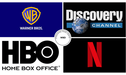 Collage of Warner Bros. Discovery, HBO, Netflix, and other media brands showing the streaming merger battle.