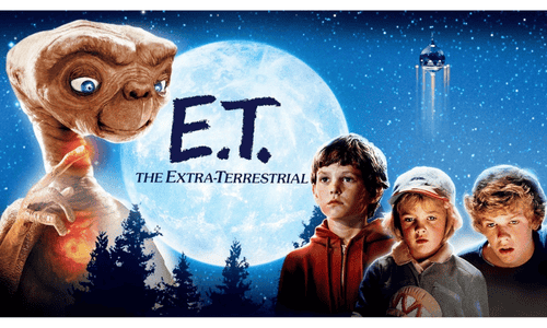 E.T. and Elliott silhouette flying across the moon on a bicycle, the iconic scene from Spielberg’s sci-fi classic.