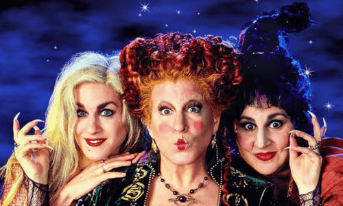 The Sanderson sisters casting spells in Hocus Pocus, a classic family-friendly Halloween magic movie.