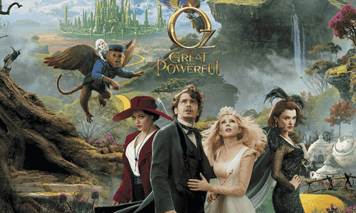 Oscar Diggs arriving in the magical land of Oz surrounded by witches and fantasy landscapes