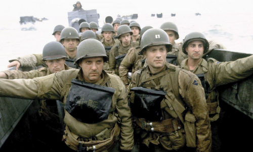 Intense D-Day battlefield scene from “Saving Private Ryan,” capturing Spielberg’s realistic portrayal of World War II combat.