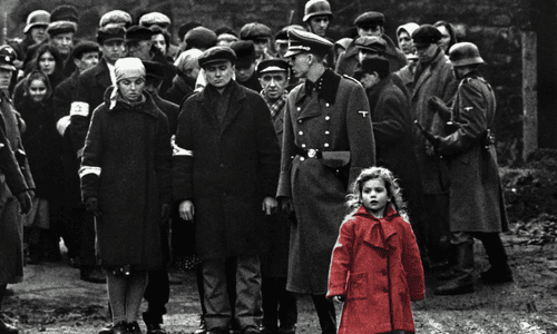 Black-and-white scene from “Schindler’s List,” depicting the emotional and historical depth of Spielberg’s Holocaust drama.
