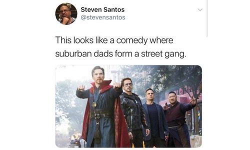 Meme portraying Avengers characters humorously compared to dads carpooling together.