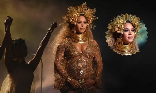 beyoncé Regal couture gown featuring a powerful silhouette and red carpet presence.