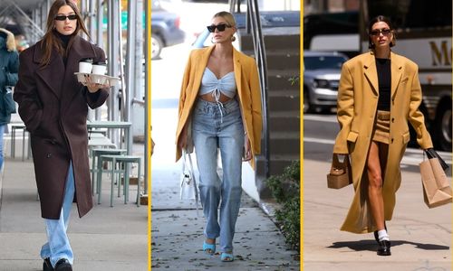 Hailey Bieber’s Minimalist street fashion featuring a tailored coat and clean silhouette.