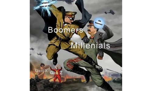 Meme depicting different generations arguing while younger viewers observe the chaos.