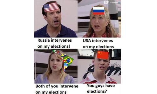 Meme humorously comparing how different countries react to global political situations.