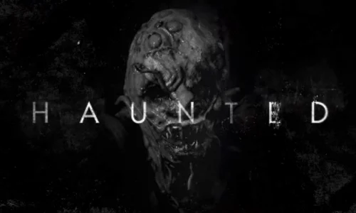 A terrifying, distorted creature face from the Netflix series Haunted on a dark, grainy background.