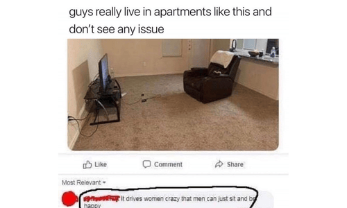 Humorous meme about a minimalist apartment with almost no furniture