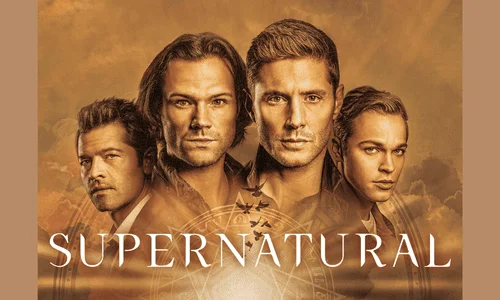 This title poster featuring the characters and the word "Supernatural"
