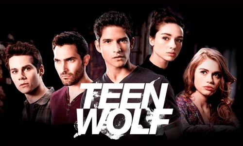 A promotional cast photo for the MTV series "Teen Wolf." Five main characters are posed against a dark, moody background.