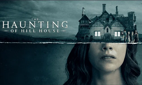 A woman's face split with a large haunted mansion and five children.