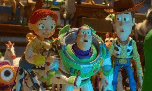 Buzz Lightyear, Woody, and Jessie sharing a moment in a colorful scene from Toy Story 5.