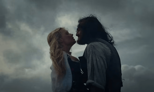 A brooding scene from Wuthering Heights (2026) capturing its raw gothic atmosphere and emotional intensity.