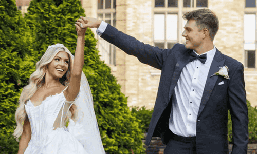 Wilson and Dellanno candid photo on their wedding day