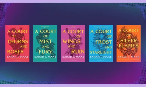 A colorful lineup of five book covers from Sarah J. Maas's bestselling 'A Court of Thorns and Roses' (ACOTAR) series.