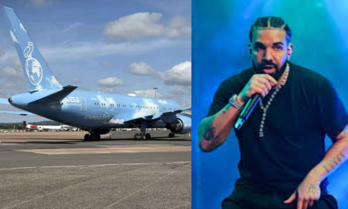 A massive blue and white Boeing 767-200 private jet, known as 'Air Drake,' parked on an airport tarmac.