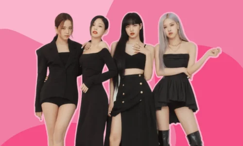 The four members of BLACKPINK—Jennie, Lisa, Rosé, and Jisoo in a high-fashion group portrait.