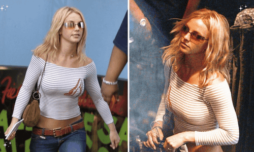 Britney Spears serving peak Y2K vibes in a striped off-the-shoulder top, low-rise jeans, and tinted sunnies.