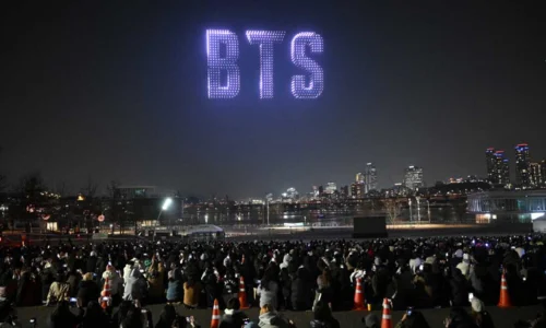 A wide-angle view of the crowd gathered for the BTS comeback concert in South Korea.