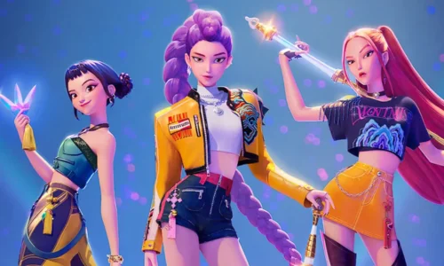 A vibrant, stylized animated still of the characters from 'K-Pop Demon Hunters' in an action pose.