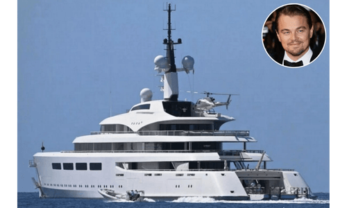 The massive white Vava II superyacht frequently chartered by Leonardo DiCaprio for environmental fundraisers.