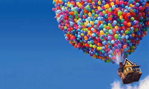 Image from Up (2009) flying house image in helium air balloons.