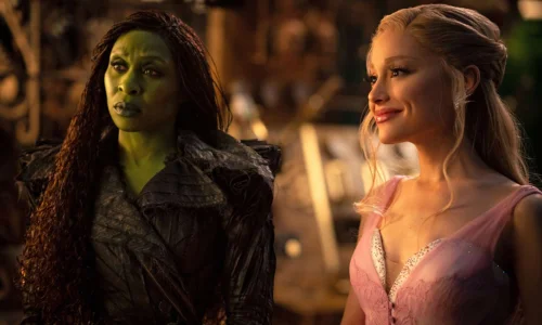 Ariana Grande as Glinda and Cynthia Erivo as Elphaba in a dramatic scene from Wicked: For Good.