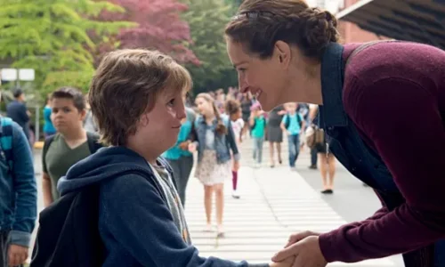 This image is from the 2017 film Wonder, depicting a pivotal moment between the main characters.