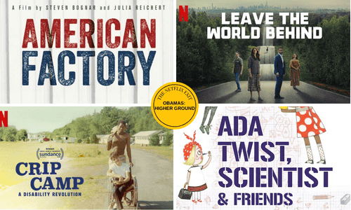 A collection of posters from Higher Ground's biggest Netflix hits, including Leave the World Behind and American Factory.