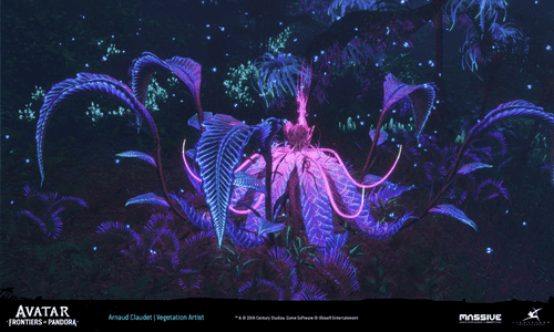 Concept art for Avatar 4 showing a Na'vi character standing on a cliff overlooking a bioluminescent jungle and distant floating mountains.